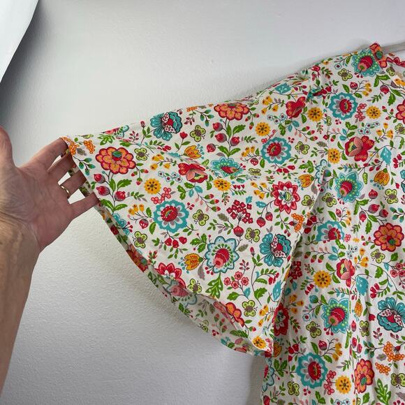 Handmade Floral Tunic Blouse Bell Sleeves Back Button Down Butterflies - Picture 3 of 10